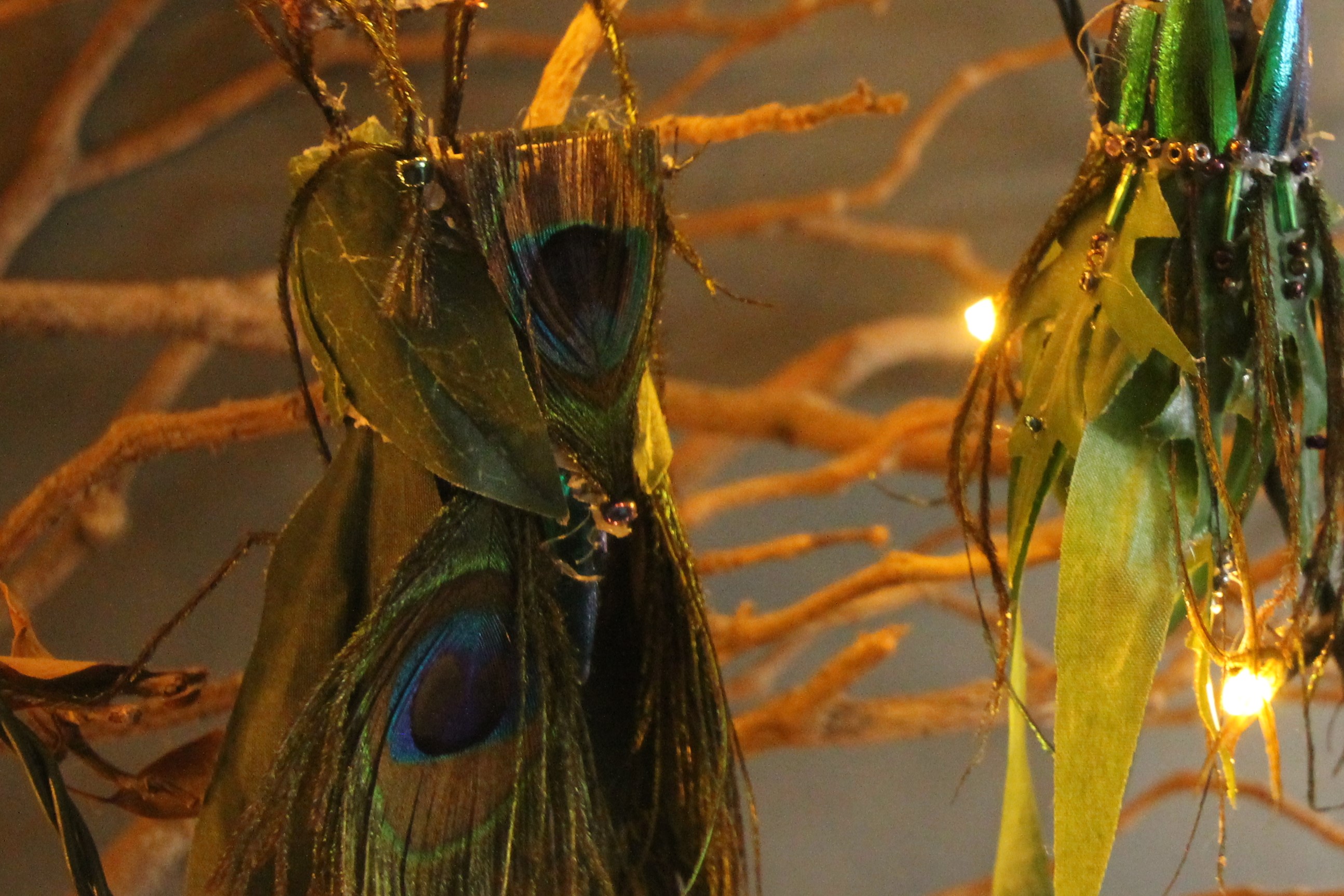 a fairy dress made from leaves, peacock feathers and beetle wings